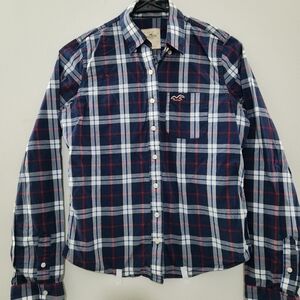 Y2K Hollister Blue and Red Plaid Women's Button Down Shirt